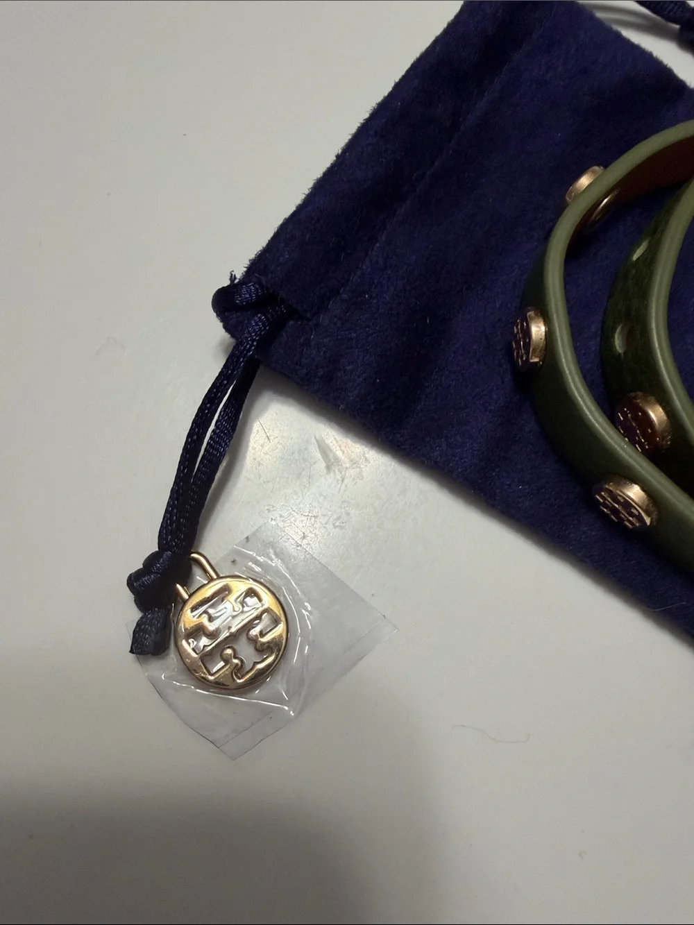 Tory Burch Green Studded Leather Wrap Bracelet with Gold Accents